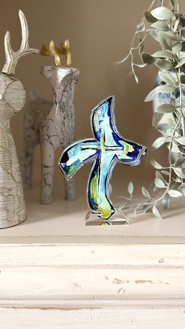 Acrylic Cross in multicolored blues & greens