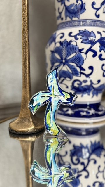 Acrylic Cross in multicolored blues & greens