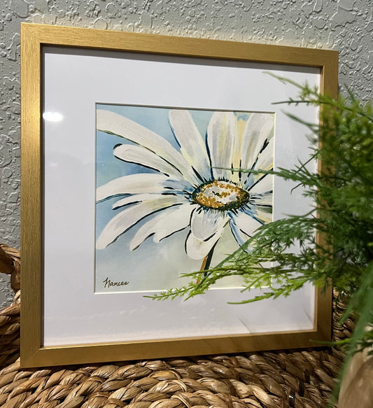 Framed art - daisy in blue - 12" x 12"