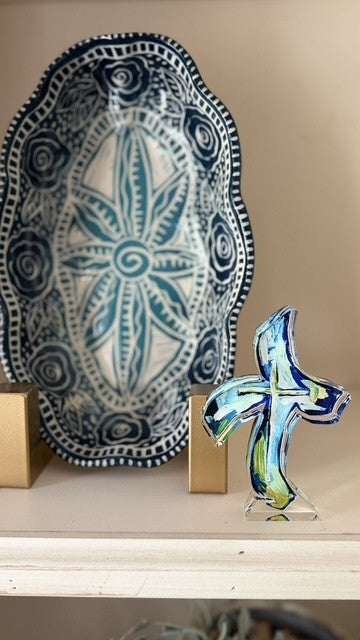 Acrylic Cross in multicolored blues & greens